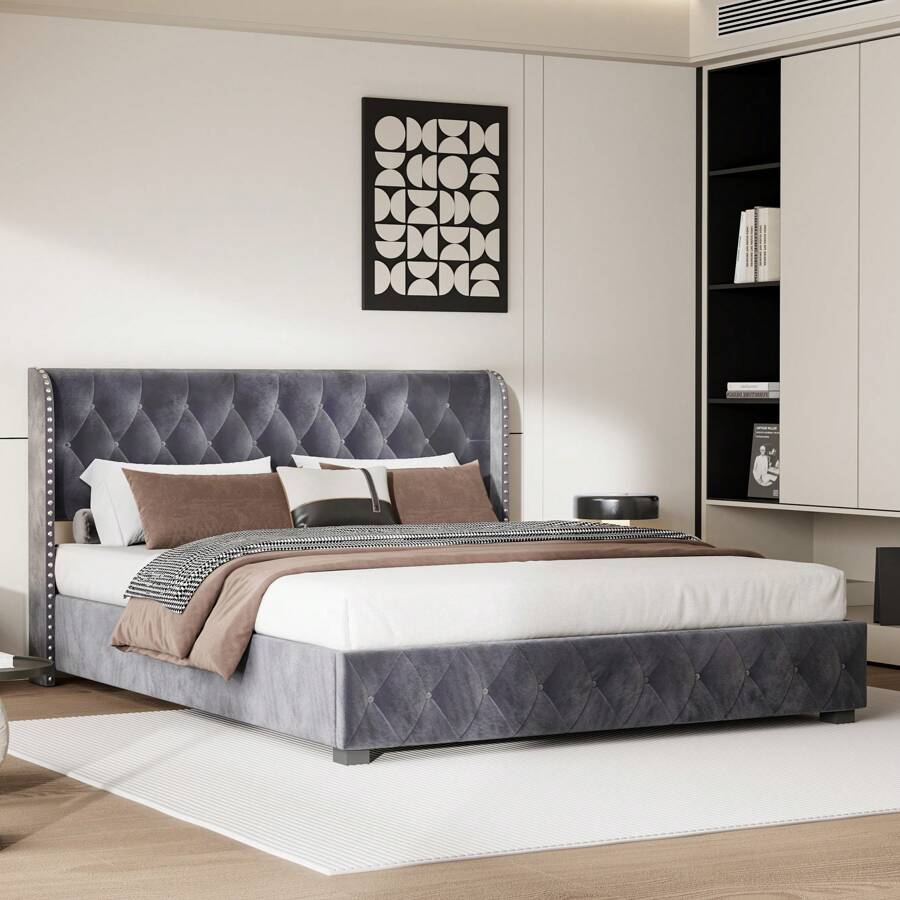 Double Bed 140 * 200 Cm, Hydraulic Bed With Storage Space, Velvet Dark Grey - 深灰色 140 * 200 cm - 查看 1