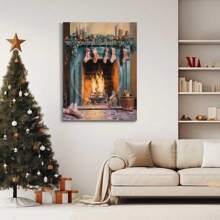 Printed With Christmas Fireplace And Socks Pattern, Christmas Poster Artwork, Holiday Decorations And Joyful Atmosphere, Festive Christmas Wall Art, Winter Holiday Gifts, Suitable For Living Room, Bedroom, Restaurant Decoration-1 Pc Wooden Framed Canvas Painting Thickness Cm/0.9inch High Quality Wall Art Prints Poster Direct Hanging Wall Picture Decor For Home Gifts, Christmas Gifts, Living Room, Bath Room, Bedroom, Kitchen