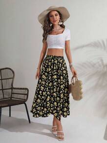 Falda de medio cuerpo con abertura estampada - Multicolor - Ver 1