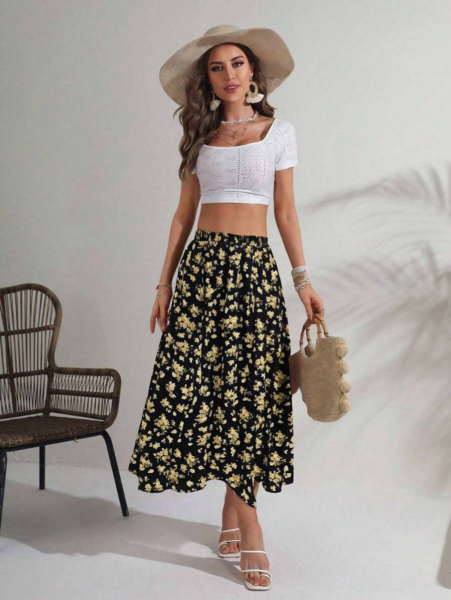 Falda de medio cuerpo con abertura estampada - Multicolor - Ver 1