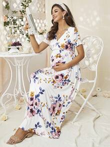 DEARCASE Maternity Allover Floral Print V-Neck Dress