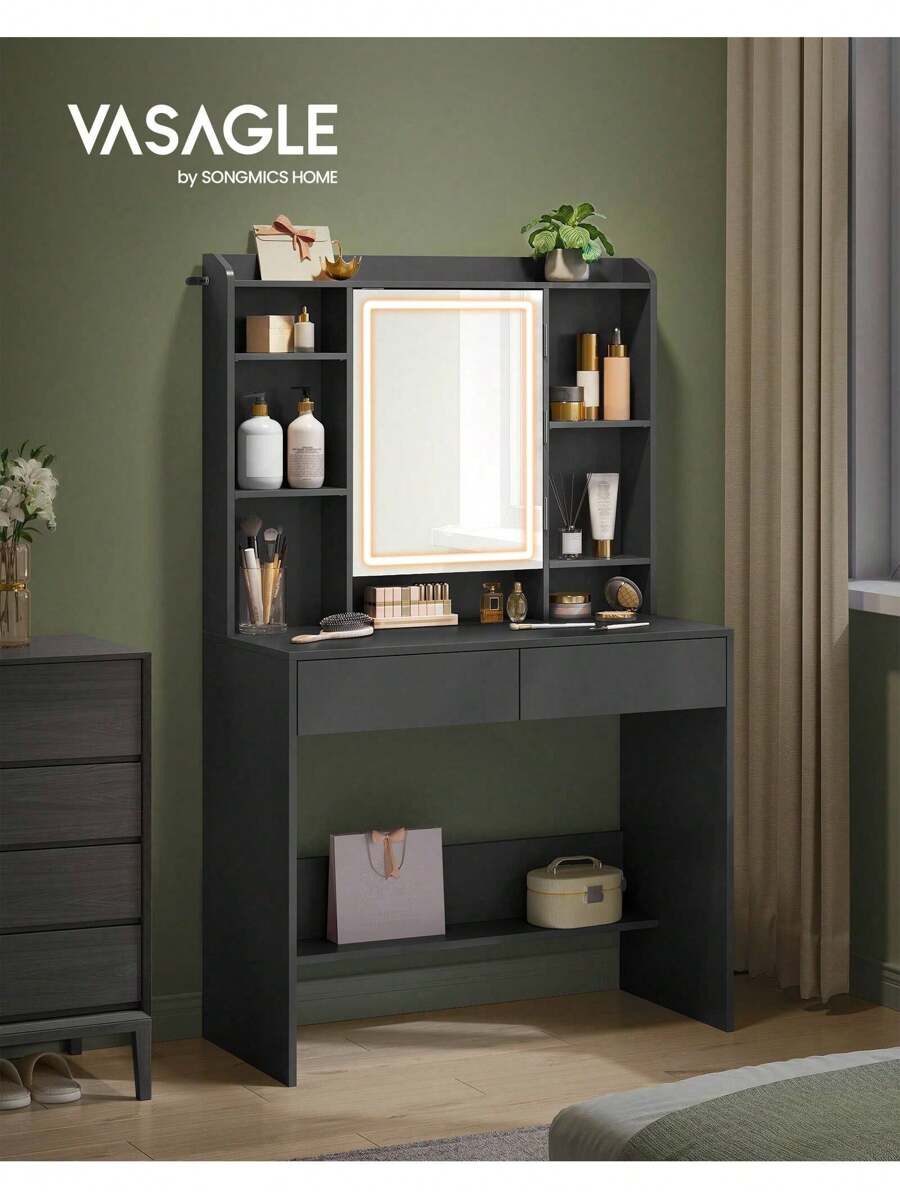VASAGLE Dressing Table With LED Lights, 3 Light Colours, Adjustable Brightness, Vanity Desk With Mirror, Adjustable Shelves, 2 Drawers, Makeup Desk, Modern - UK Plug(220-240V) - View 1