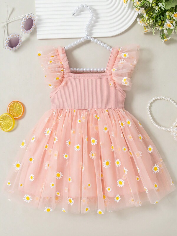 Vestido de princesa de verano para niña bebé con contraste de malla floral y falda de tul