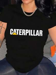Vintage Caterpillar Graphic T-Shirt Women's Casual Short Sleeve Breathable Machine Washable - màu đen - Xem 1