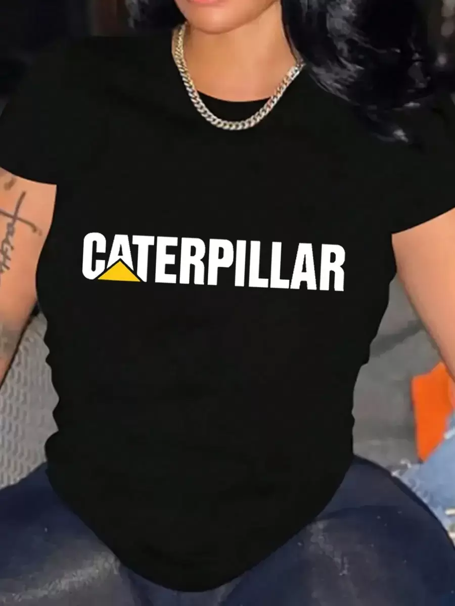 Vintage Caterpillar Graphic T-Shirt Women's Casual Short Sleeve Breathable Machine Washable - màu đen - Xem 1