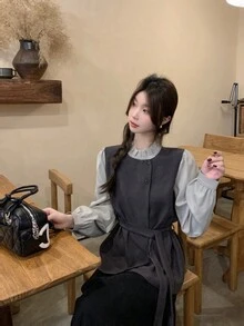 Áo kiểu 2 trong 1 đơn giản, thoải mái, cổ áo xếp ly tương phản, thích hợp cho mùa xuân. - Xám - Xem 3