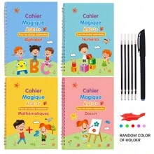 Libros mágicos 3D franceses para niños, cuadernos de caligrafía de aprendizaje, libros de ejercicios de letras, números, matemáticas y dibujo, cuadernos set de 4 libros, libros de matemáticas y caligrafía Montessori