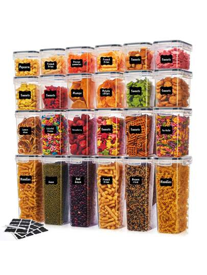 3/4/6/7/10/12/15/18/24/30pcs Airtight Food Storage Containers Set With Lids, Plastic Dry Food Canisters For Kitchen Pantry Organization, Dishwasher Friendly, With Labels