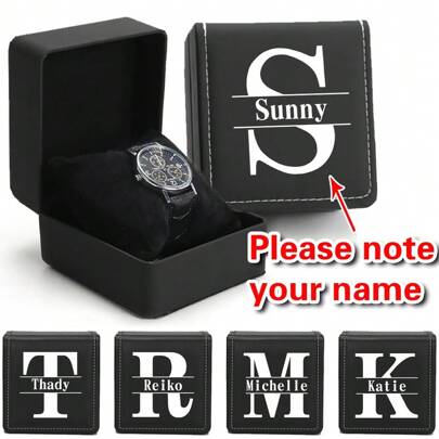 Caixa de armazenamento de relógio de PU com nome personalizado com travesseiro, organizador de estojo de presente de joias, Bolsa para exibição de relógio de pulso, recipiente de embalagem para smartwatch, à prova de poeira, suporte de presente clássico, acessórios de exibição, faça você mesmo personalizado