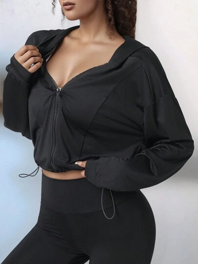 Plus Size Women Drawstring Hem Hooded Sporty Jacket, Casual Short Zip Up Lightweight Workout Fitness Yoga Outwear