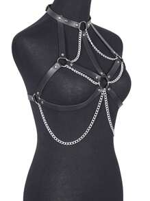 Women's Sexy Waist Belt, PU Leather Chain Tassel Chest Harness, Punk Style Accessory For Dating And Party Outfits