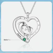 1 PC Personalized Custom Necklace, Fashionable And Exquisite Necklace, Unique Design, Custom Engraved Text, Custom Inlaid Birthstone, Durable Copper Necklace, Hollow Heart With Exquisite Dolphin Pattern Design Necklace, Very Meaningful, Perfect Valentine's Day Custom Gift For Your Lover, Perfect Christmas Gift. - Silver - View 5