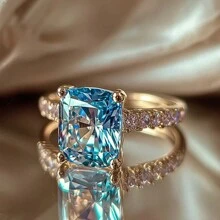 1 pièce Bague de promesse élégante, plaquée or cuivre avec zircone cubique synthétique bleu turquoise brillant, coupe princesse. Bague de fiançailles et de mariage, convient pour les robes de soirée, les fêtes et les galas des femmes - Doré - Voir 1
