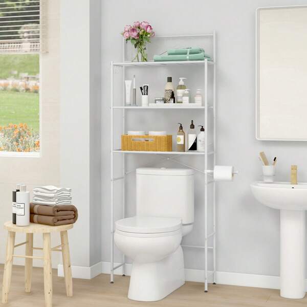 3-Tier Over The Toilet Storage, Metal Bathroom Spacesaver, Bathroom Stand Storage Organizer, Easy Assembly,Grey