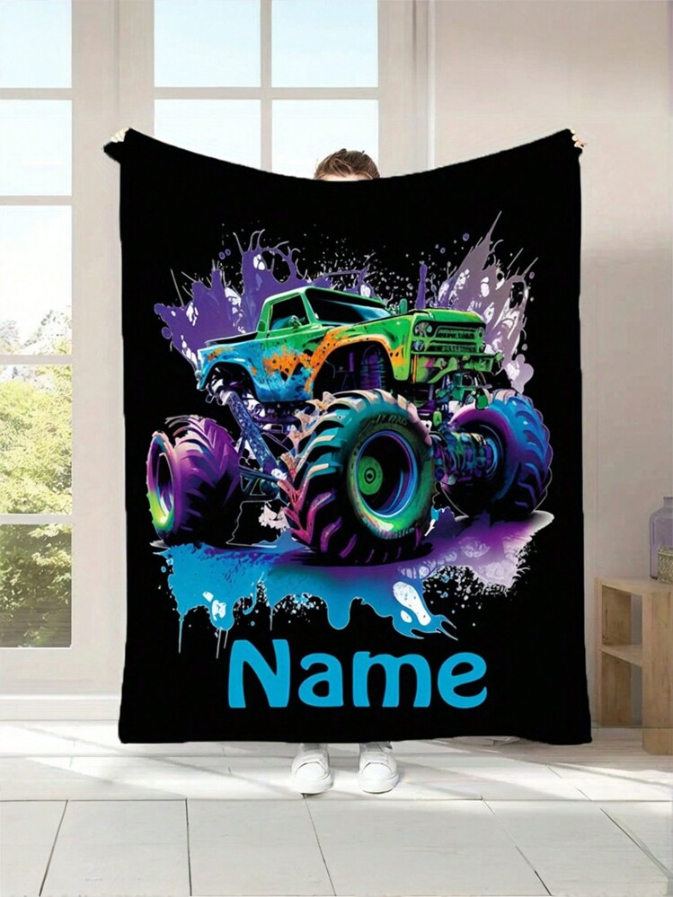 1pc Personalized Cartoon Monster Truck Flannel Blanket - Soft, Cozy & Warm For Couch, Bed, Travel | Custom Name Option | Perfect Gift For All Season Washable Cute Custom, Unique, Personalized Ideal Gifts For Family, Ideal Gifts For Friends Son, Daughter, Friends, Family Sofa, Bed, Car, Tea Room, Bedroom, Living Room, Bathroom, Dining Room, Simple, Custom, Personalized, Unique, For Graduation, For Father's Day, For Weddings, For Housewarming, Sofa, Bed, Car, Tea Room, Bedroom, Bathroom, Living Room, Dining Room - Off-road Vehicles - View 10