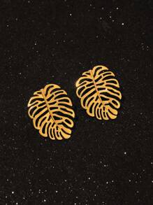 1 Pair Fashionable Hollow Leaf Shaped Stud Earrings For Women, Elegant For Daily Wear And Festivals