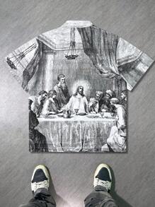 Camisa de manga corta con estampado todo sobre para hombres, diseño de solapa de "La Última Cena" de