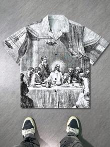 Camisa de manga corta con estampado todo sobre para hombres, diseño de solapa de "La Última Cena" de