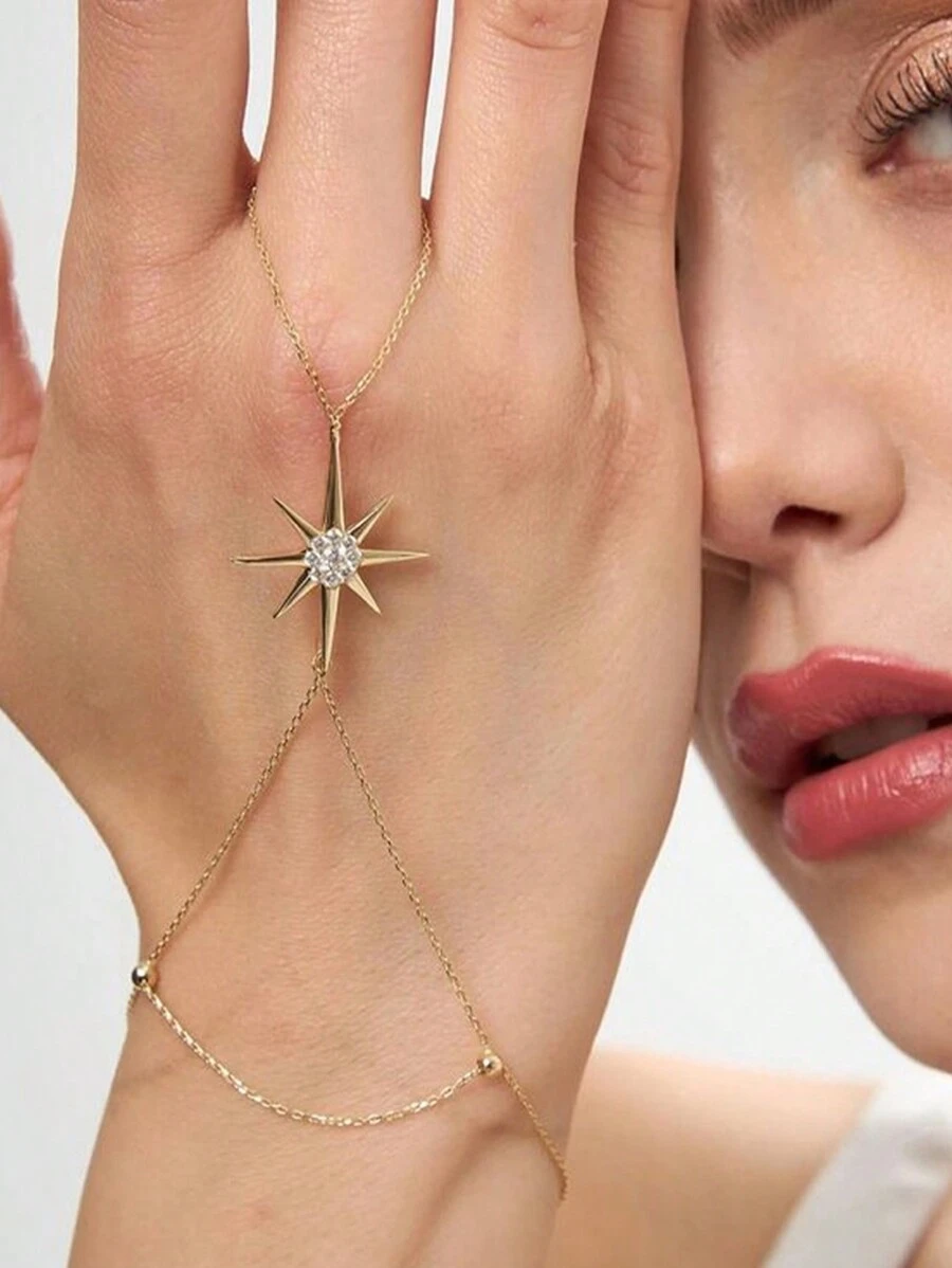 STONEFANS 1pc Adjustable Gold Hexagram Rhinestones Linked Finger Bracelet, And Stylish - Gold - View 1