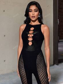Cut Out Front Mesh Unitard Jumpsuit Without Lingerie Set