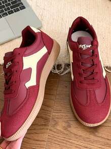 Women's Multifunctional Fashion Casual Shoes, Flat Lace-Up Round Toe Rubber Sole Casual Sneakers, Black & Khaki Color Block, Daily Matching Shoes, Casual Shoes Size 36-41, Fashionable - Burgundy - View 5