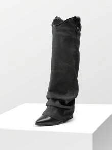 Women's Western Fold Over Chunky Heel Knee High Boots With Removable Shaft Design Pointed-Toe Retro Embroidered Cowgirl Cowboy Boots - 黑色 - 查看 6