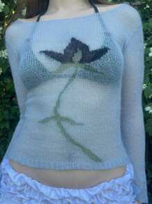 Women Y2k Off Shoulder Sweater Vintage Aesthetic Floral Graphic Long Sleeve Slim Fit Knit Shirts Pullover Top Fairy Grunge Slim Fit Going Out Tops Teen Girls Sweaters Streetwear - 淺藍色 - 查看 3