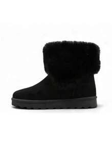 Classic Warm Retro Buckle Fuzzy Snow Boots - Black - View 3