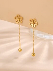 1 par de hilos colgantes para la oreja de acero inoxidable decorados con elementos florales dulces y lindos, adecuados para que las mujeres los usen en fiestas o en la moda diaria, también se pueden regalar - Amarillo Oro - Ver 4