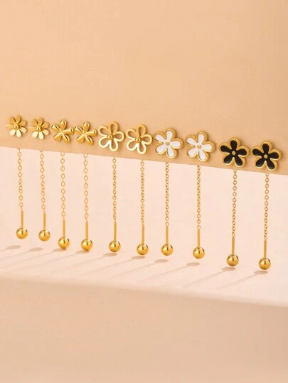 1 对甜美可爱的花卉元素链流苏装饰不锈钢耳线，适合女性在派对或日常时尚中佩戴，也可以作为礼物