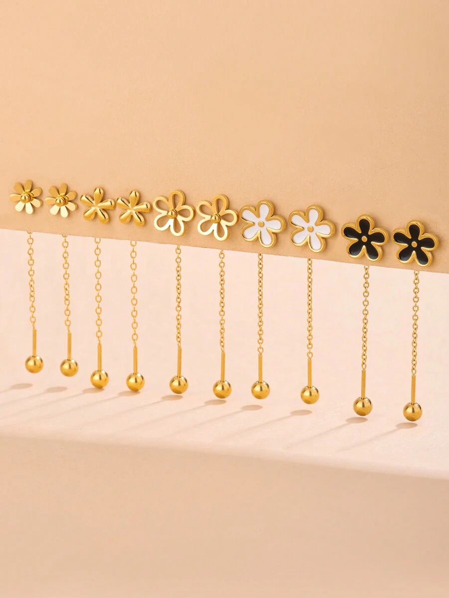 1 par de hilos colgantes para la oreja de acero inoxidable decorados con elementos florales dulces y lindos, adecuados para que las mujeres los usen en fiestas o en la moda diaria, también se pueden regalar - Amarillo Oro - Ver 1