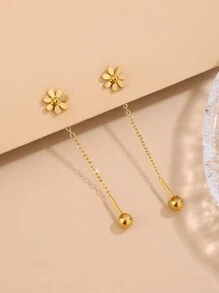 1 par de hilos colgantes para la oreja de acero inoxidable decorados con elementos florales dulces y lindos, adecuados para que las mujeres los usen en fiestas o en la moda diaria, también se pueden regalar - Amarillo Oro - Ver 2