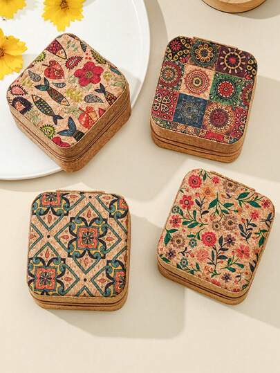 1pc Random Pattern Jewelry Box, Portable Earring, Ring, Necklace Storage Case