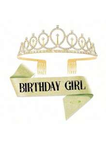 1set Pink 'Birthday Girl' Shoulder Strap Rhinestone Crown Headband Set, Party Accessory Prom Halloween - Gold - View 10