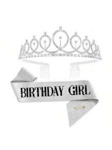 1set Pink 'Birthday Girl' Shoulder Strap Rhinestone Crown Headband Set, Party Accessory Prom Halloween - Gold - View 11