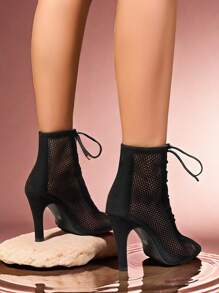 Canvas Red Women's Short Boots Peep-Toe Short Boots Jazz Dance Elastic Special High Heels Dance Shoes Lace-Up Heels Jazz Dance Mid-Heel Black Canvas Pointed-Toe Women Sandals With Mesh - Black - View 1