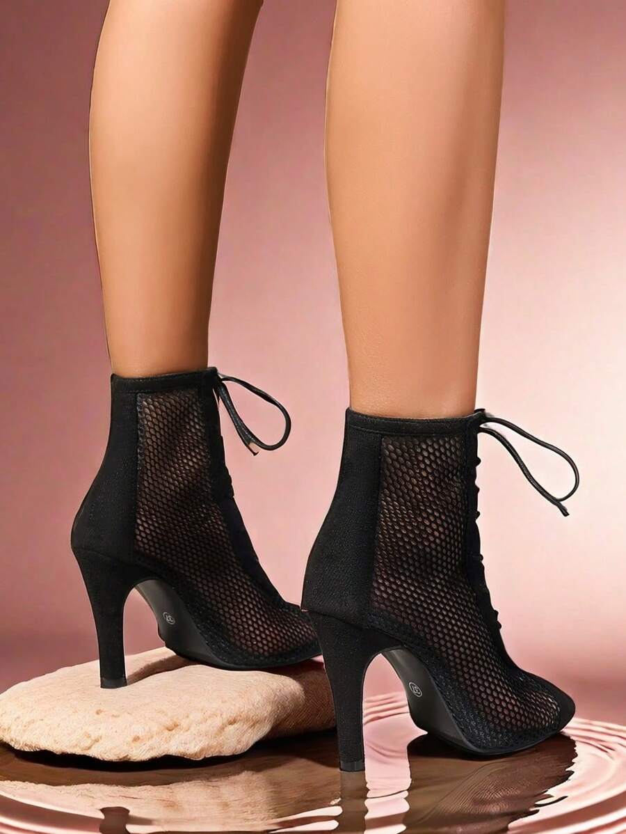 Canvas Red Women's Short Boots Peep-Toe Short Boots Jazz Dance Elastic Special High Heels Dance Shoes Lace-Up Heels Jazz Dance Mid-Heel Black Canvas Pointed-Toe Women Sandals With Mesh - Black - View 1