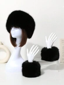 1set Faux Fur Fox Hair Elastic Headband & Wrist Band, Mongolian Style Ladies Hair Accessory Set