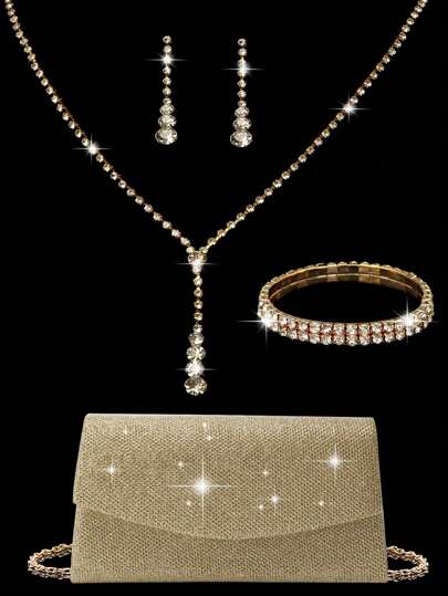 GZCS BAG 4 Pieces Rhinestone Jewelry Set Bling Necklace Earrings Bracelets Set For Women Evening Clutch Bag Bridal Wedding Mini Elegant Shiny Glitter Flip Envelope Bag Purse For Women Prom With Detachable Metal Chain For Wedding And Party Shoulder Bag For Women Clutch Purses For Ladies Bag Women's Handheld Evening Bag Versatile Glitter Handheld Bag Cocktail Party Wedding New Wallet Banquet Bag