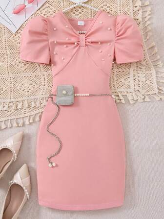 青少年女孩 V 领蝴蝶结仿珍珠装饰短袖纯色休闲连衣裙