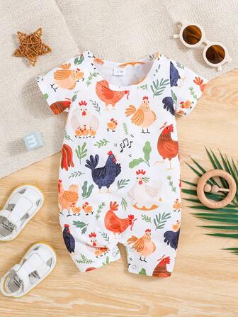 新生儿男孩女孩农场服装小鸡短袖乡村生活用品服装连体衣