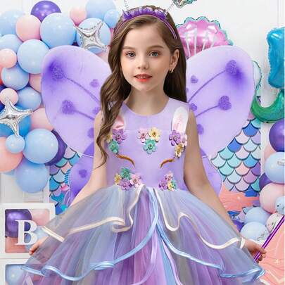 女孩 3 件套独角兽服装套装，配有可折叠翅膀头带和棒，令人惊叹的儿童公主裙，适合节日派对、聚会、舞台、选美比赛、社交活动，订购前请查看尺码表