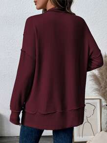 Women's Long Sleeve Shirt, Autumn Ribbed Loose Oversized Sweatshirt, Casual Side Slit Drawstring Waist Top - Wine Red - View 2