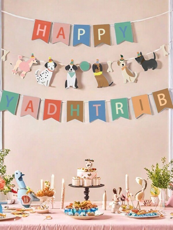 23 قطعة زخرفات حفلة عيد ميلاد ذات موضوع كلب، تشمل أعلام, لافتات, أحرف, و إكسسوارات مناسبة للتجهيز