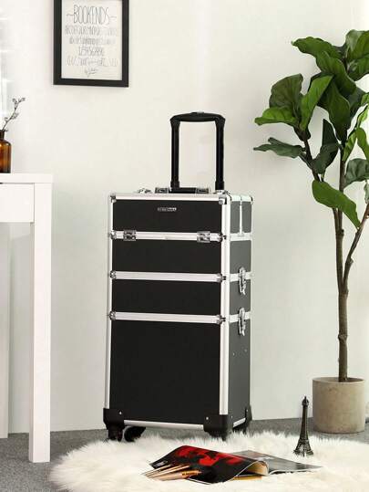 SONGMICS Professional Makeup Case, 3-In-1 Travelling Beauty Trolley, Large Cosmetic Trolley For Hairdressers, Lockable Rolling Makeup Case With 360-Degree Universal Casters, Black