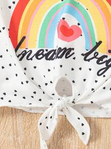 2 件套少女夏季服装：系带正面印花彩虹字母图案短款上衣 T 恤和网眼 A 字裙套装 - 黑色 - 查看 6