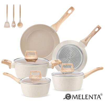 M MELENTA Granite Pots And Pans Set Ultra Nonstick, 11 Piece Die-Cast Cookware Sets With Frying Pan, Sauce Pan, Stockpot, Stay Cool Handle & Kitchen Utensils, Gas/Induction Compatible, 100%