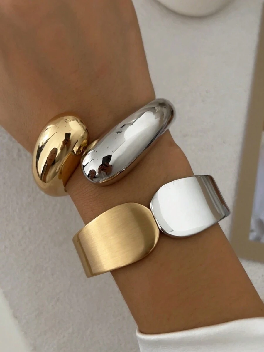 1pc Vintage Punk Style Minimalist Fashion Metal Asymmetric Water Drop Wave Cuff Bracelet, Women's Thick Gold Wide Adjustable Wrist Bracelet, Exaggerated Chunky Jewelry, Suitable For Women's Daily Decor, Party And Banquet Outfits, Holiday Gifts, High-Quality Metal Charming Luxury Jewelry - Silver - View 1