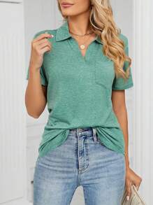 Women's V Neck Polo Shirts Collared Work Tops Summer Loose Short Sleeves Business Top With Pockets - 綠色 - 查看 3