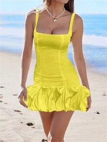 Women's Sleeveless Square Neck Back Zip Ruched Cocktail Party Mini Dress, Bridal Shower Dress, Wedding Dress,Bride - Yellow - View 7